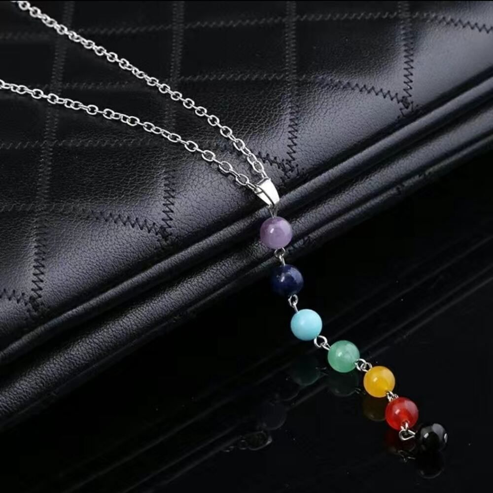 Chakra Gemstone Beads Pendant Necklace 8mm Multicolor Glass Pendant Fashion Yoga